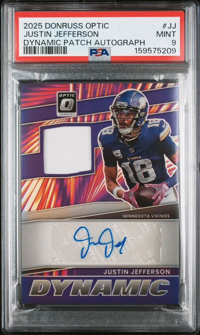 2025 #JJ Justin Jefferson PSA 9 Panini Donruss Optic Dynamic Patch Autographs