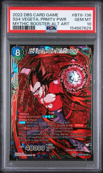 2022 #BT8-136 SS4 Vegeta, Peak of Primitive Power PSA 10 Dragon Ball Super Card Game Mythic Booster