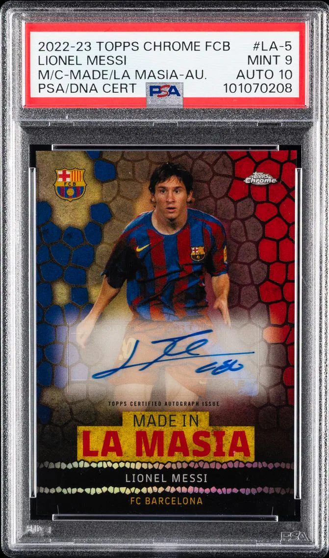 2022 #LA-5 Lionel Messi PSA 9 Topps Chrome FC Barcelona Mes Que UN Club Made in La Masia Autographs Soccer