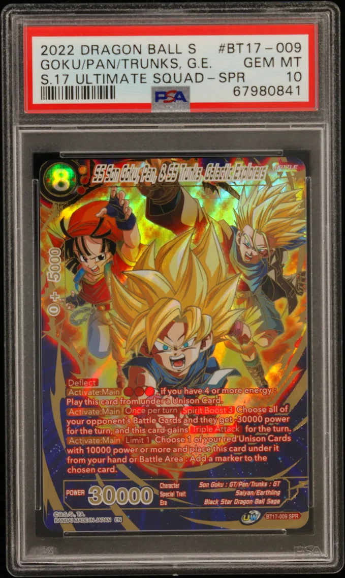 2022 #BT17-009 SS Son Goku, Pan, & SS Trunks, Galactic Explorers PSA 10 Dragon Ball Super Card Game Series 17 Ultimate Squad