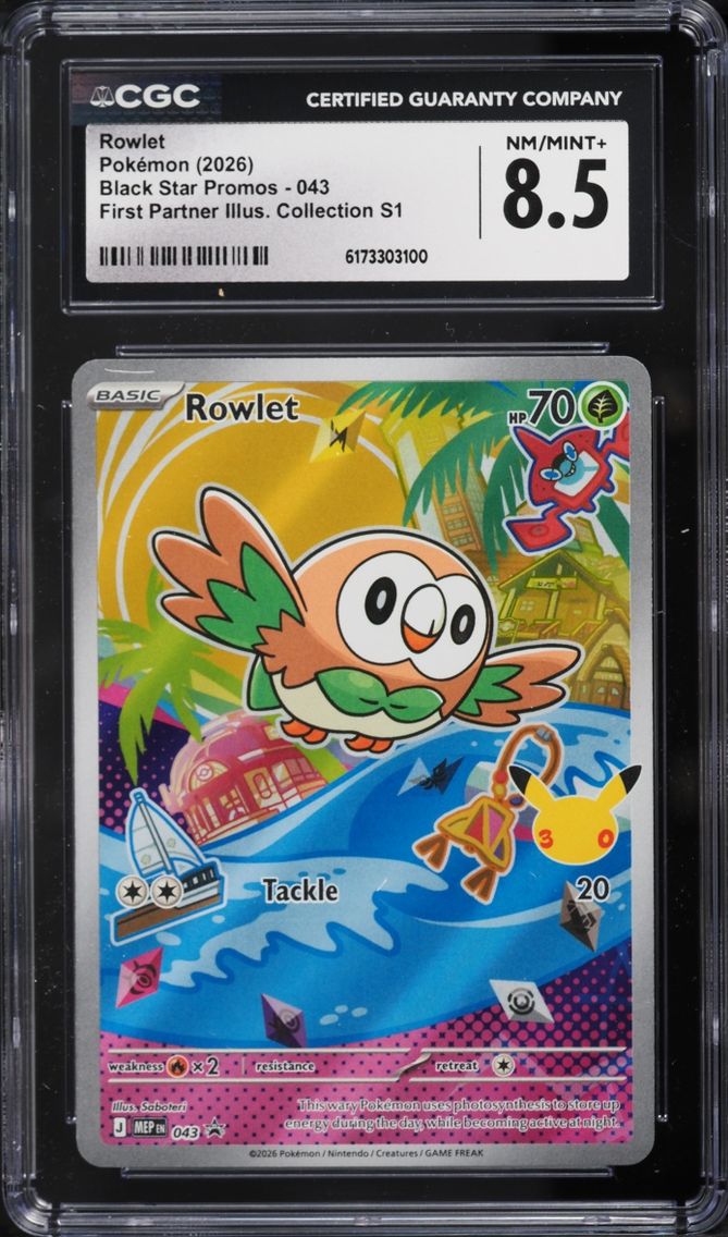 2026 Pokemon Mega Promo First Partner Illustration S1 Full Art Rowlet #43 CGC 8.5 NM-MT+