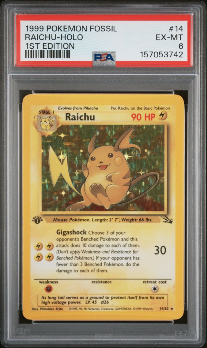 1999 #14 Raichu-Holo 1st Edition PSA 6 Fossil
