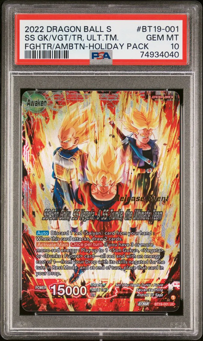 2022 #BT19-001 Son Goku & Vegeta & Trunks/SS Son Goku, SS Vegeta & SS Trunks, the Ultimate Team PSA 10 Dragon Ball Super Card Game Series 19 Fighter's Ambition Holiday Pack