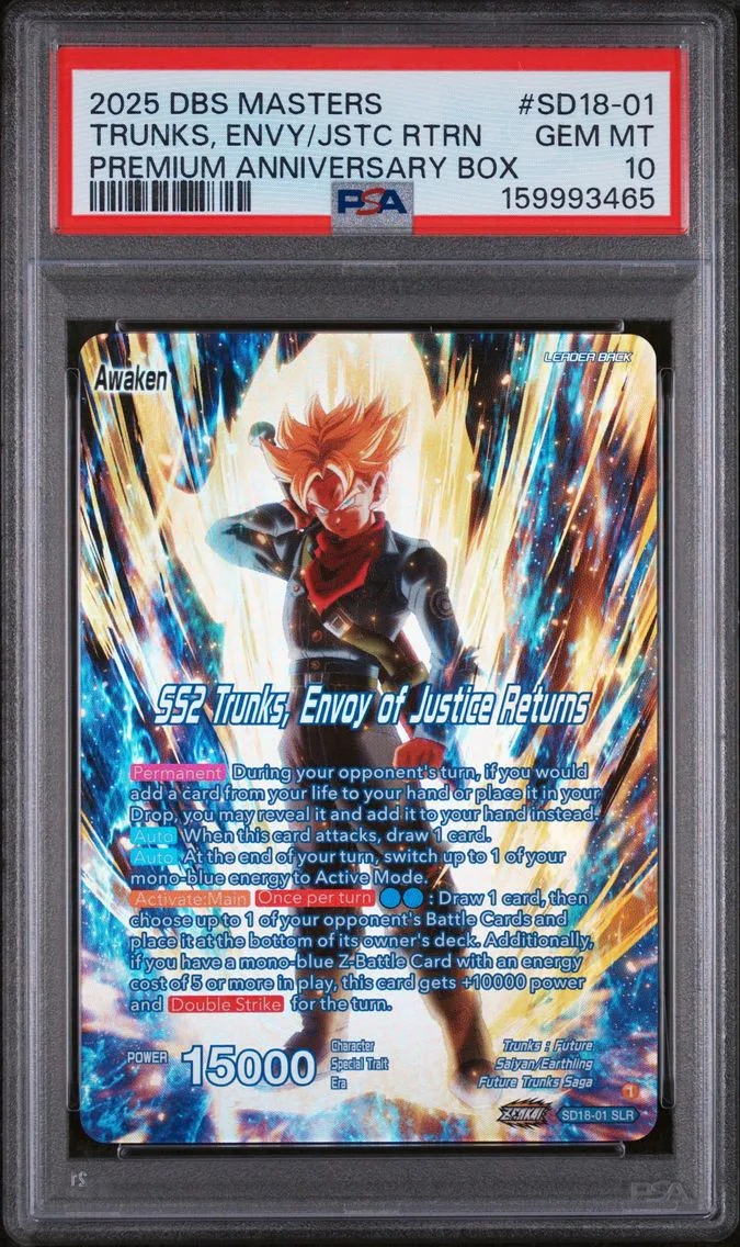2025 #SD18-01 Trunks, Envy / Jstc Rtrn #sd18-01 PSA 10 Dragon Ball Super Card Game Masters Premium Anniversary Box