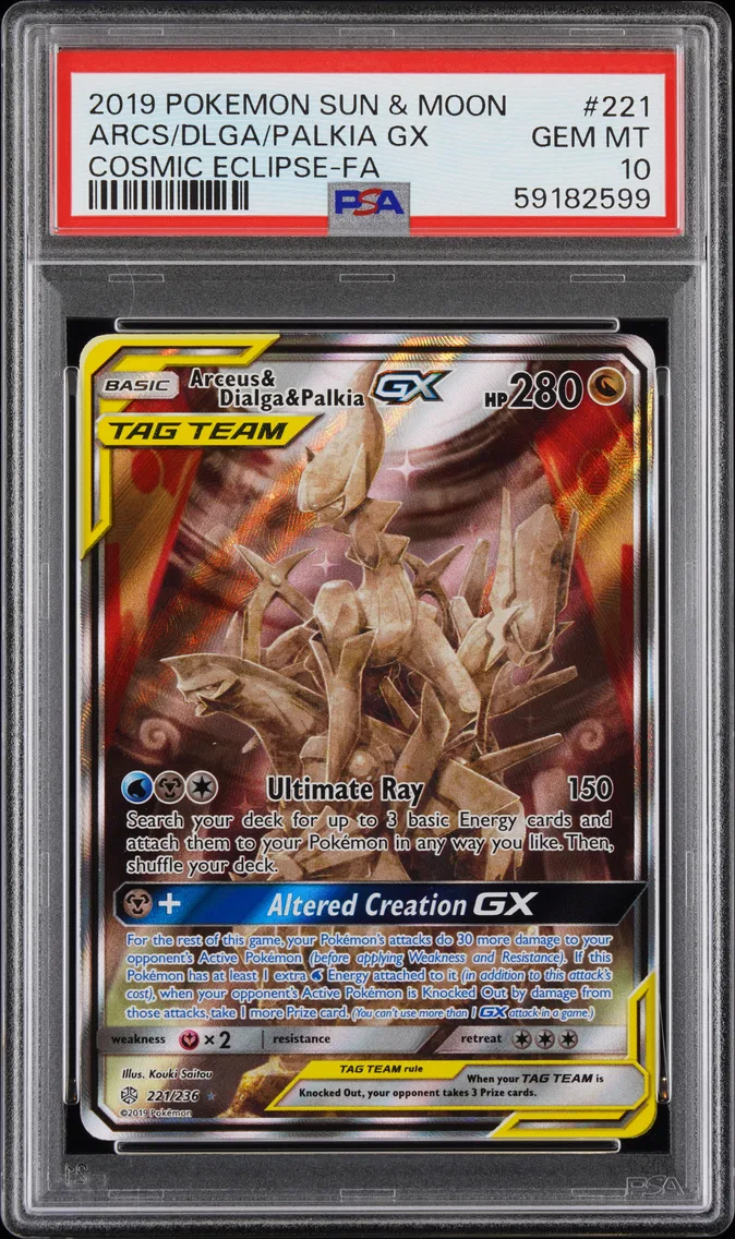 2019 #221 Full Art/Arceus & Dialga & Palkia GX PSA 10 Sun & Moon Cosmic Eclipse