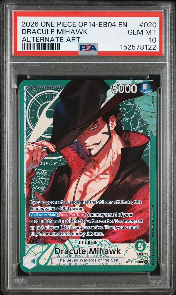 2026 #020 DRACULE MIHAWK PSA 10 One Piece OP14-EB04-the Azure Sea's Seven