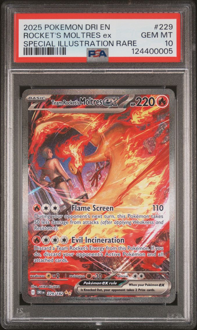 2025 #229 Team Rocket's Moltres EX PSA 10 Dri EN-Destined Rivals