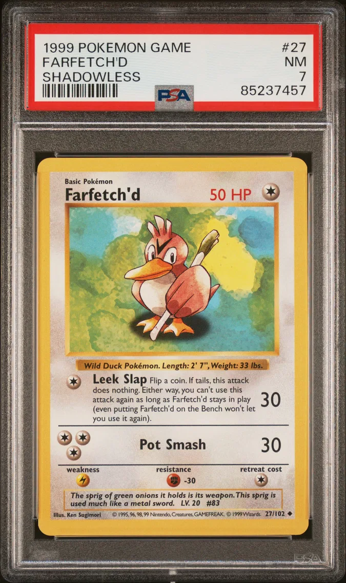 1999 #27 Farfetch'd Shadowless PSA 7 Game