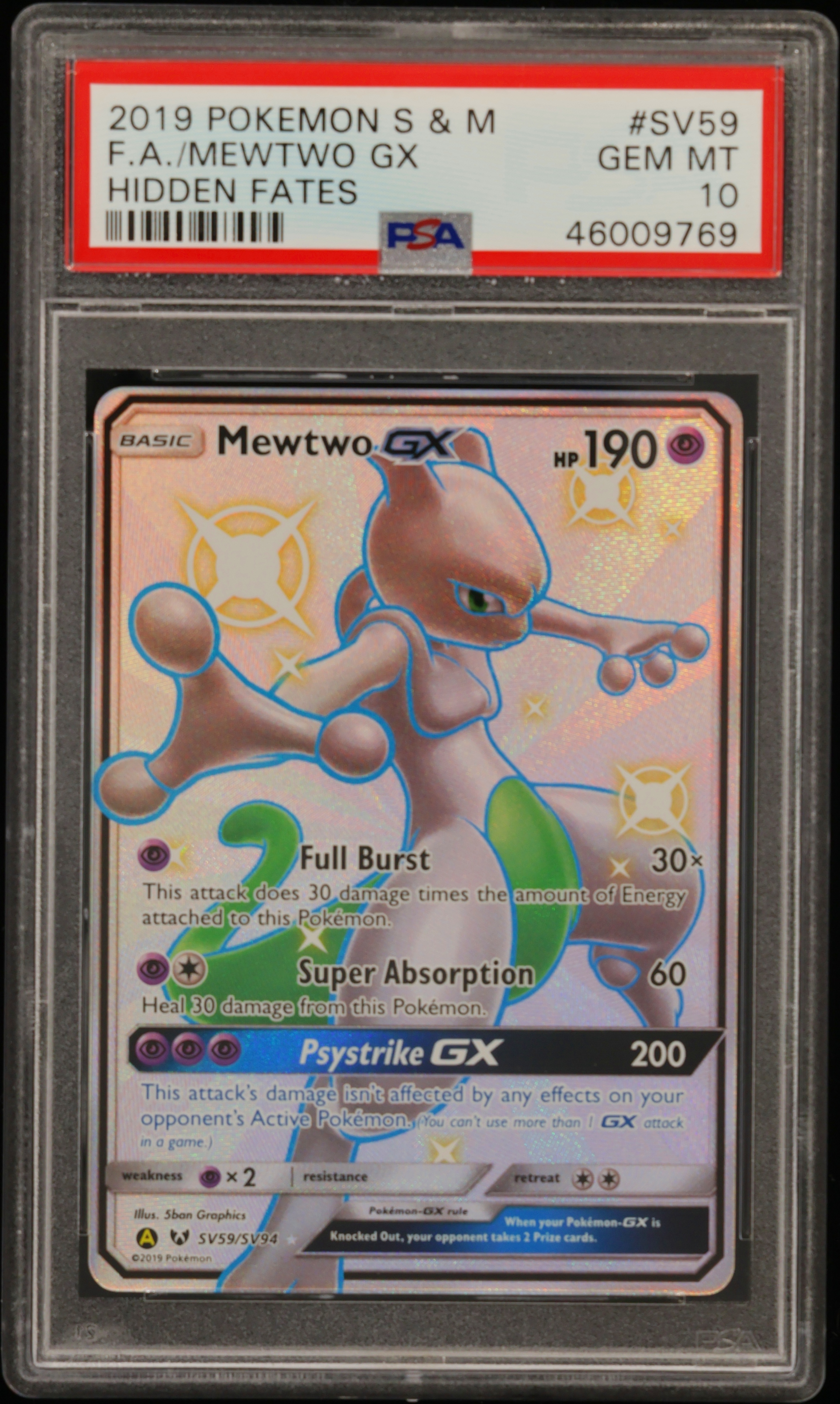 2019 #Sv59 Full Art/Mewtwo Gx PSA 10 Sun & Moon Hidden Fates