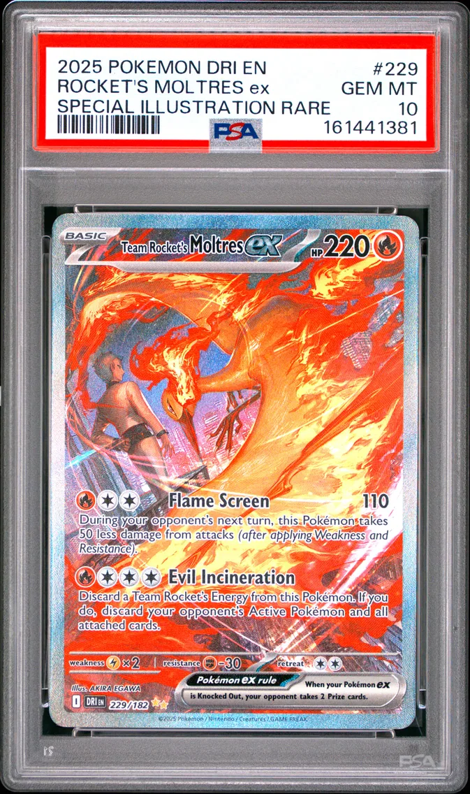 2025 #229 Team Rocket's Moltres EX PSA 10 Dri EN-Destined Rivals