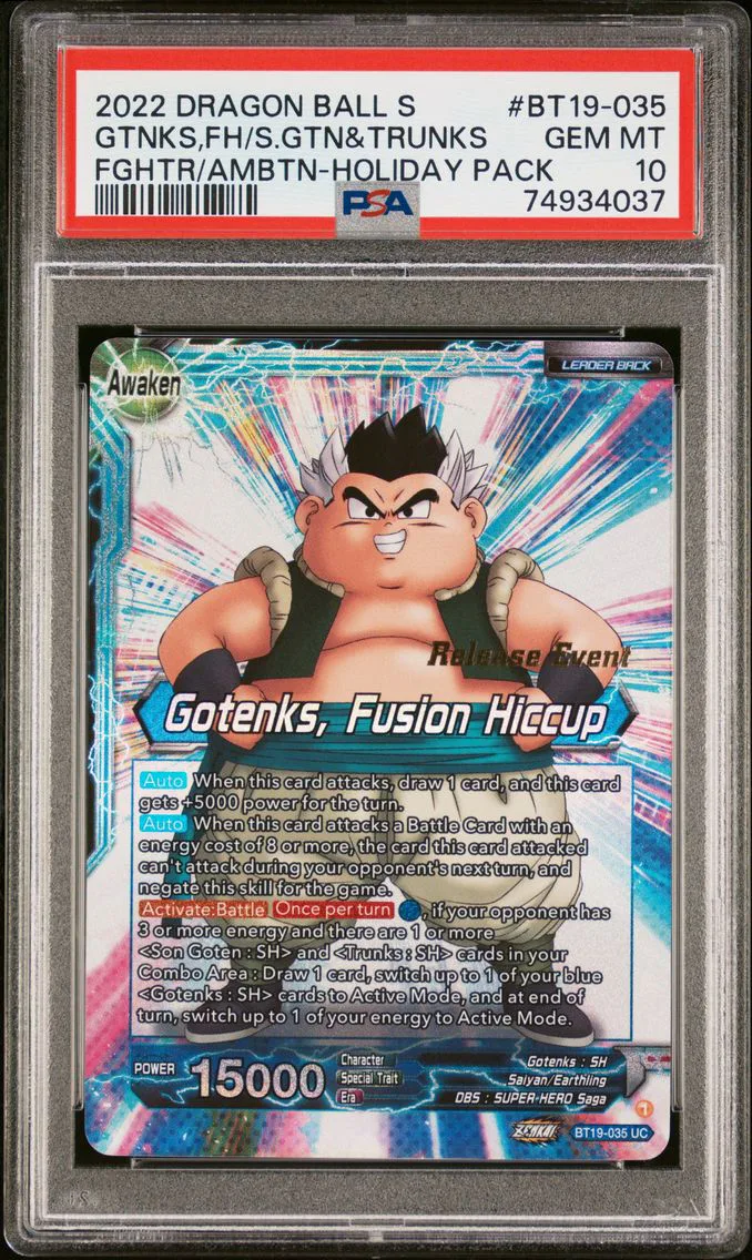 2022 #BT19-035 Gotenks, Fusion Hiccup/Son Goten & Trunks PSA 10 Dragon Ball Super Card Game Series 19 Fighter's Ambition Holiday Pack