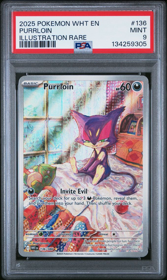 2025 #136 Purrloin PSA 9 Wht EN-White Flare Pokemon