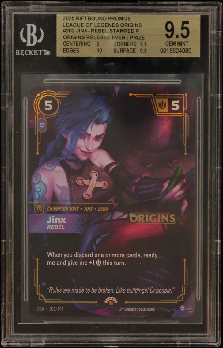 2025 #202 Jinx - Rebel STAMP P/(Origins Release Event Prize Pack) BGS 9.5 Riftbound: League of Legends TCG Origins Promos
