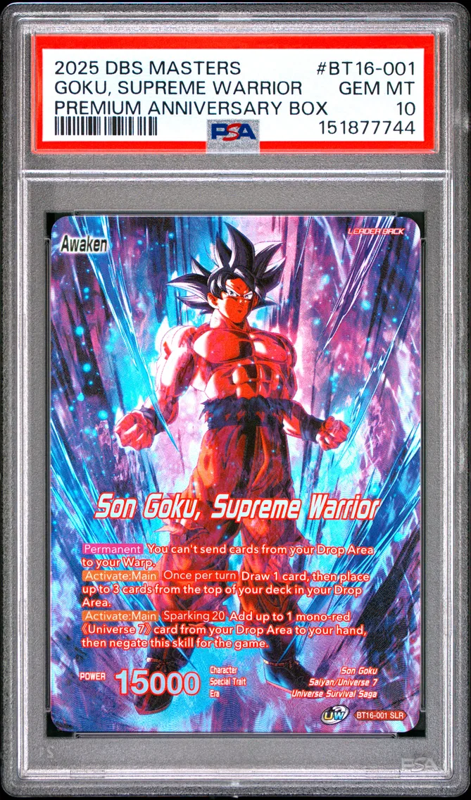 2025 #BT16-001 Son Goku/Son Goku, Supreme Warrior PSA 10 Dragon Ball Super Card Game Masters Premium Anniversary Box