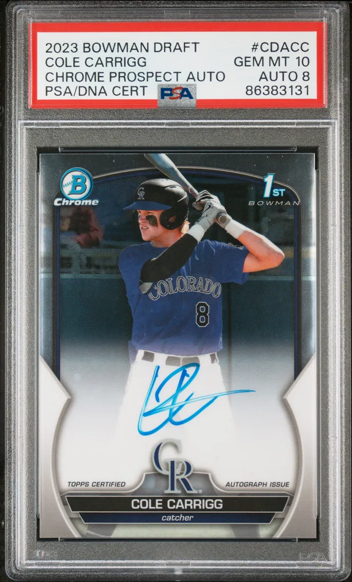 2023 #CDACC COLE CARRIGG PSA 10 Bowman Draft Chrome Prospect Autograph