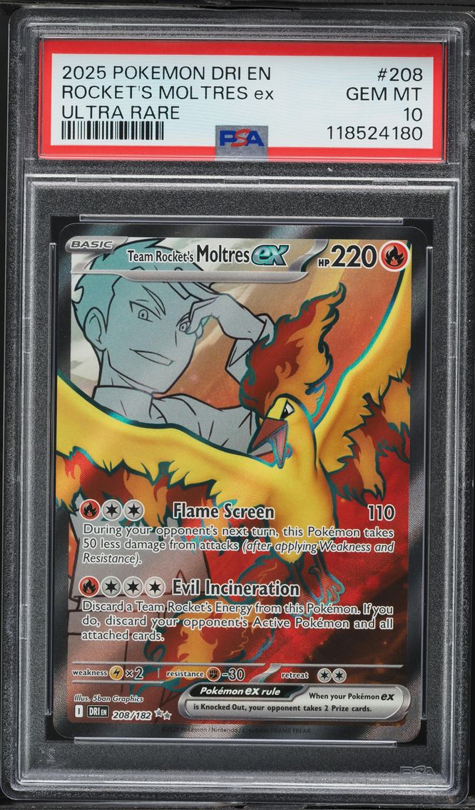 2025 #208 Team Rocket's Moltres EX PSA 10 Dri EN-Destined Rivals Pokemon