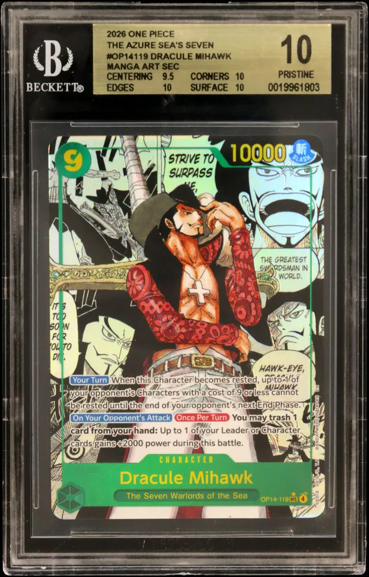 2026 #OP14119 Dracule Mihawk MANGA ART SEC BGS 10 One Piece Card Game The Azure Sea's Seven