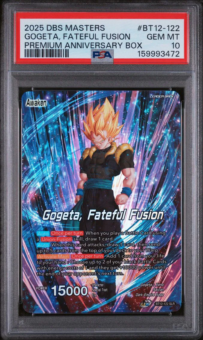 2025 #BT12-122 Gogeta, Fateful Fusion/Son Goku & Vegeta PSA 10 Dragon Ball Super Card Game Masters Premium Anniversary Box