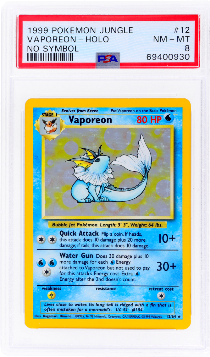 1999 POKEMON JUNGLE HOLO ERROR VAPOREON #12B PSA 8