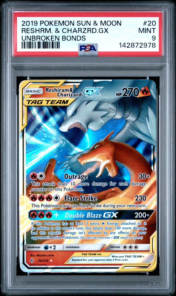 2019 #20 Reshiram & Charizard GX PSA 9 Sun & Moon Unbroken Bonds