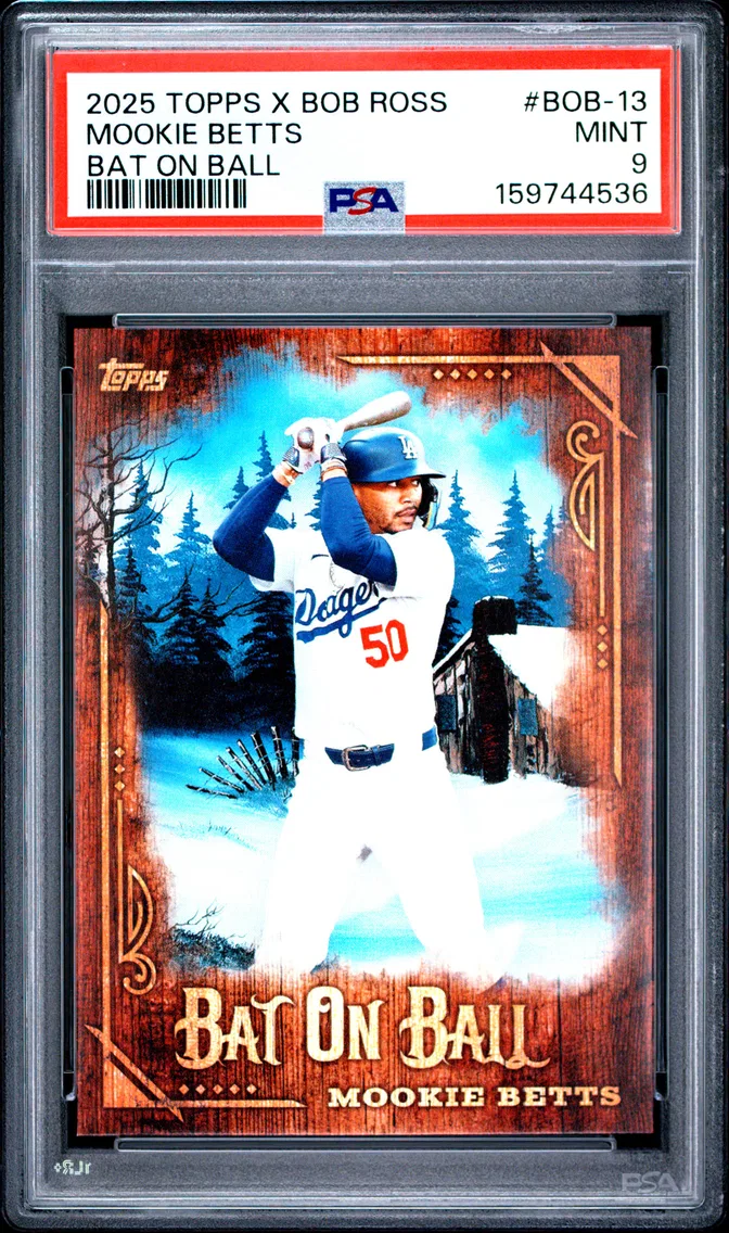 2025 #BOB-13 Mookie Betts PSA 9 Topps X Bob Ross the Joy of Baseball Bat on Ball