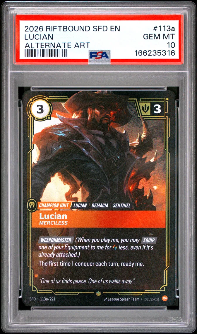 2026 #113a Lucian - Merciless PSA 10 Riftbound: League of Legends Sfd-Spiritforged
