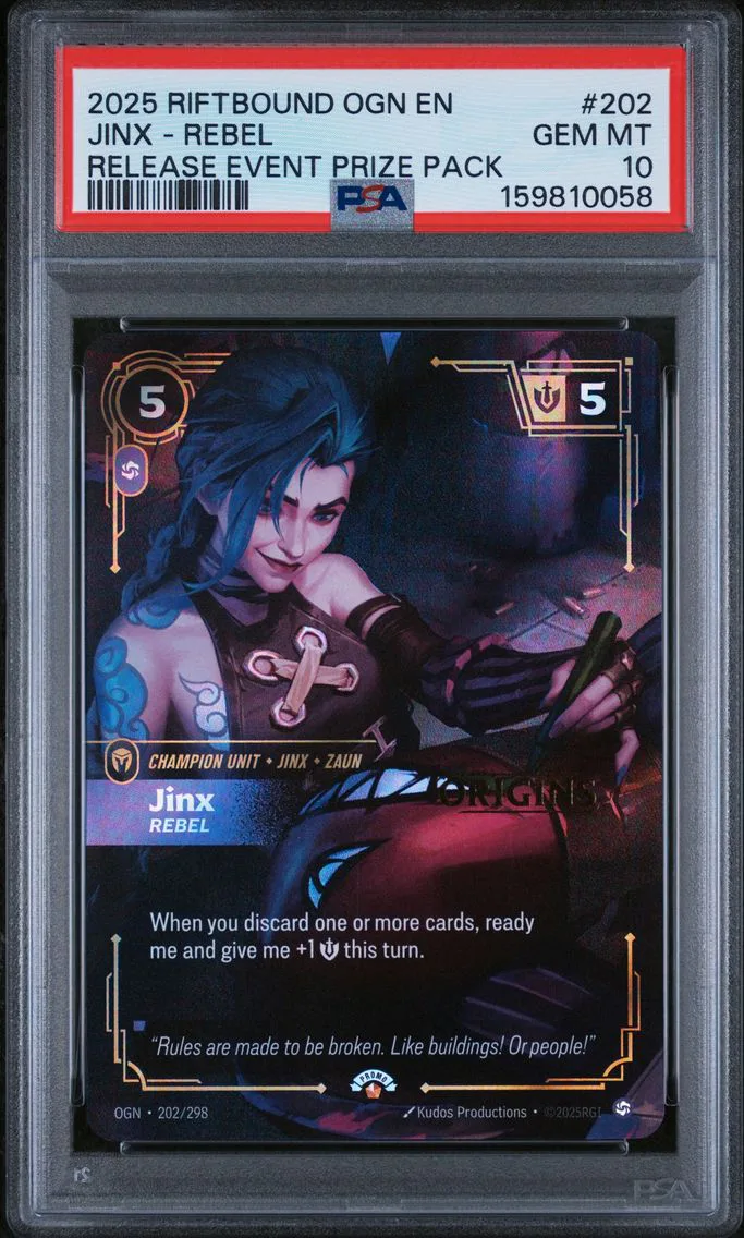 2025 #202 Jinx - Rebel PSA 10 Riftbound: League of Legends Ogn-Origins