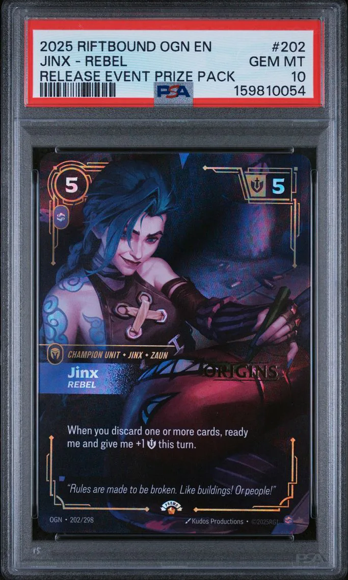 2025 #202 Jinx - Rebel PSA 10 Riftbound: League of Legends Ogn-Origins