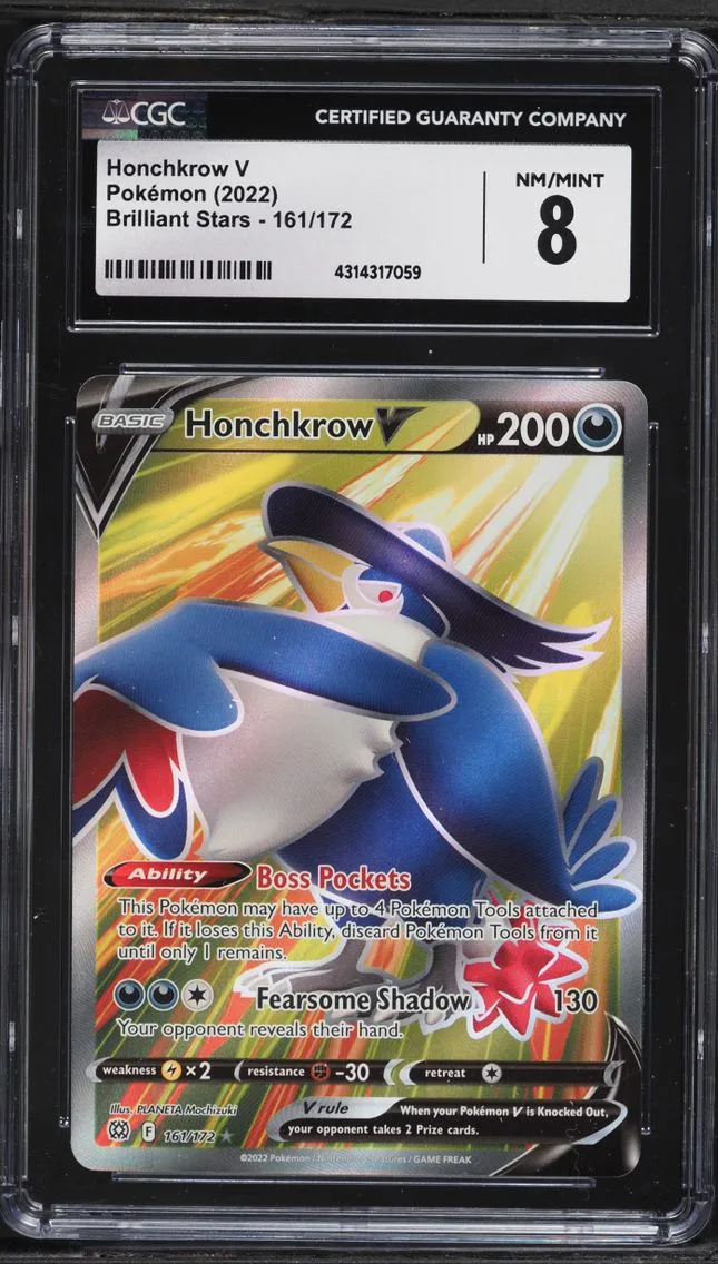 2022 #161 Sword & Shield Brilliant Stars Full Art Honchkrow V NM-MT CGC 8 Pokemon