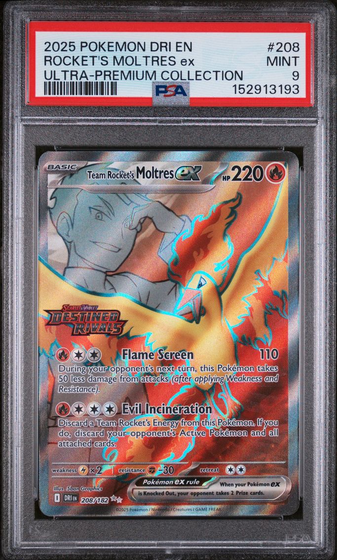 2025 #208 Team Rocket's Moltres EX PSA 9 Dri EN-Destined Rivals