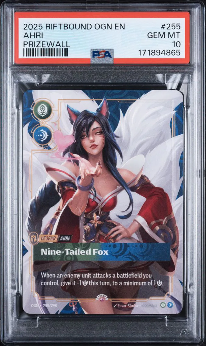 2025 #255 Ahri - Nine-Tailed Fox PSA 10 Riftbound: League of Legends Ogn-Origins Plated Legends