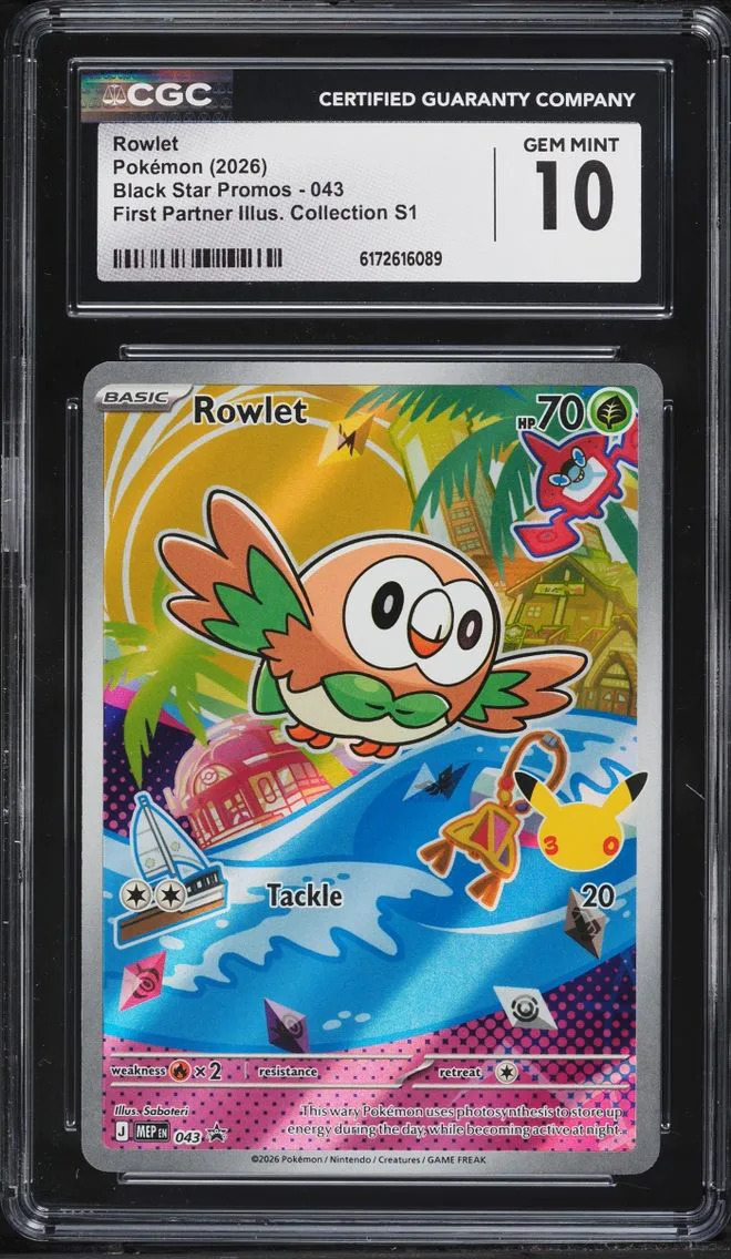 2026 Pokemon Mega Evolution Promo First Partner Illustration S1 Full Art Rowlet #43 CGC 10