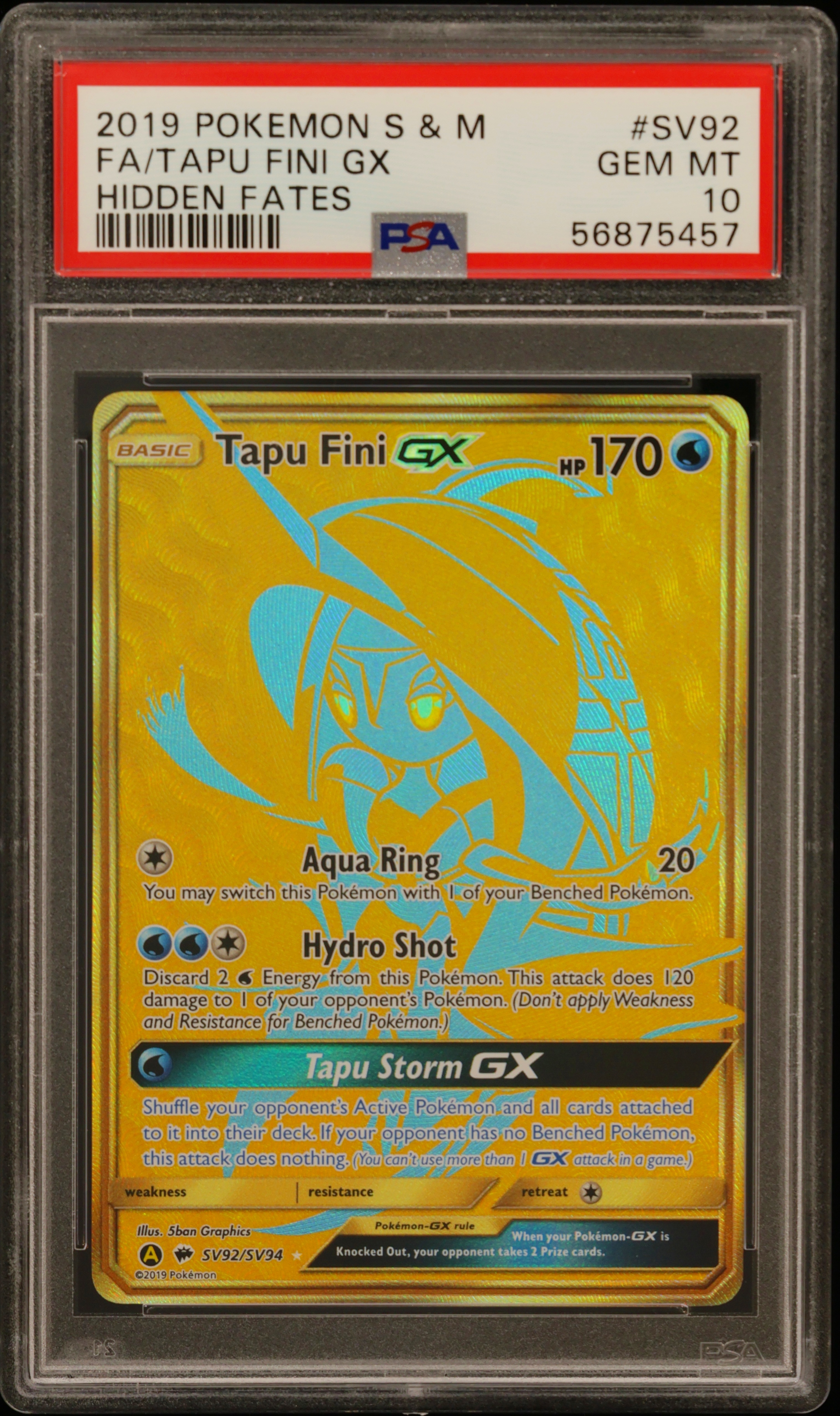 2019 #Sv92 Full Art/Tapu Fini Gx PSA 10 Sun & Moon Hidden Fates