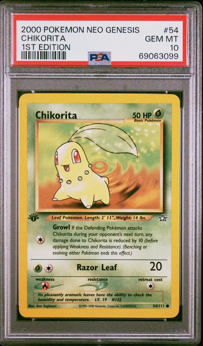2000 #54 CHIKORITA PSA 10 POKEMON NEO GENESIS 1ST EDITION