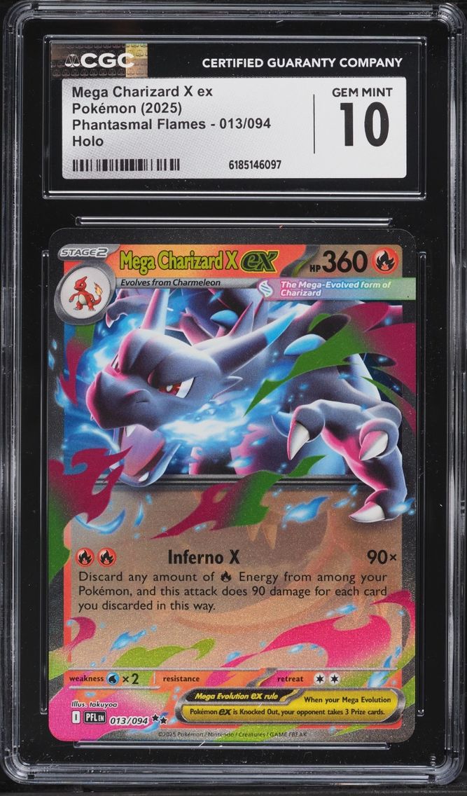 2025 #13 Mega Charizard X Ex CGC 10 Pokemon Mega Evolution Phantasmal Flames Holo