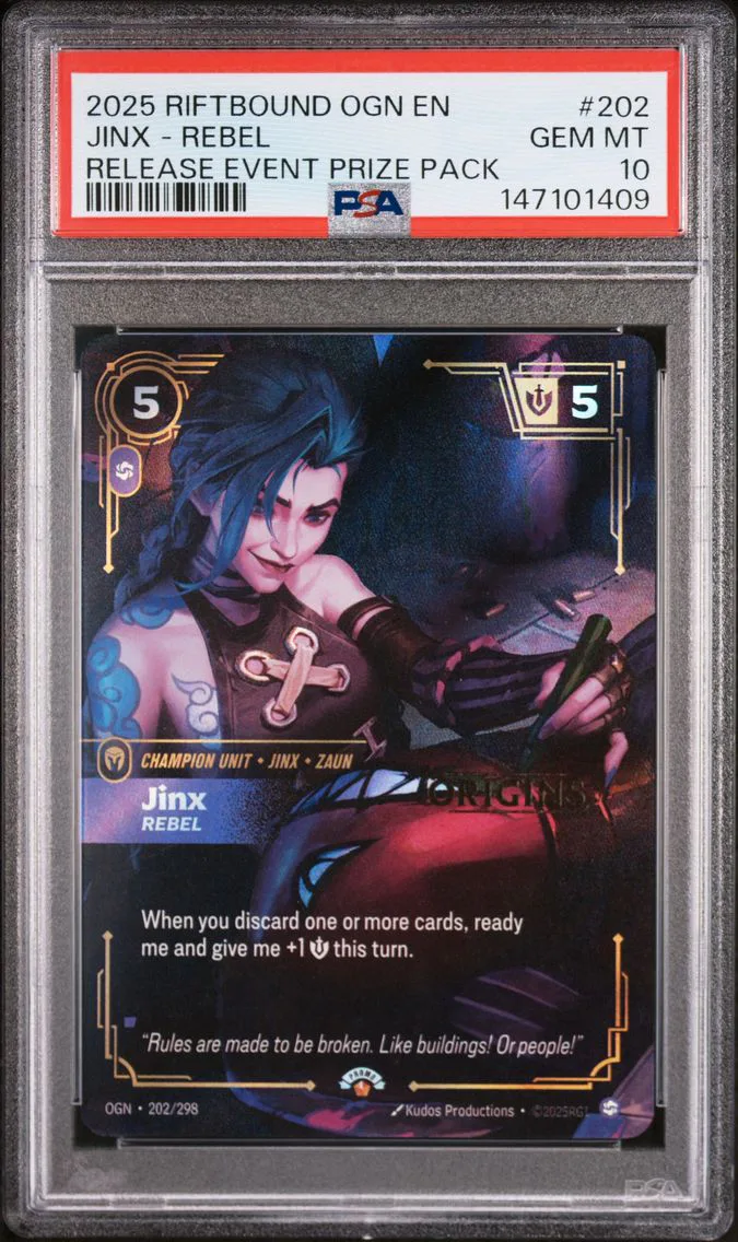 2025 #202 Jinx - Rebel PSA 10 Riftbound: League of Legends Ogn-Origins
