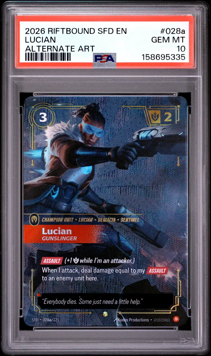 2026 #028a Lucian - Gunslinger PSA 10 Riftbound: League of Legends Sfd-Spiritforged