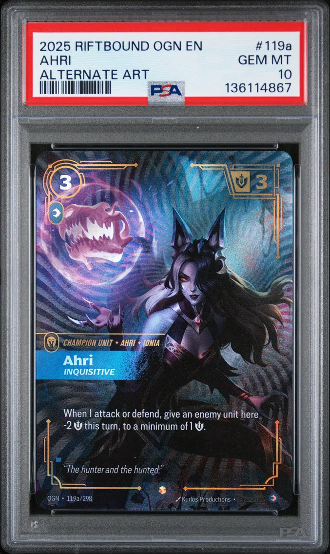 2025 #119a Ahri - Inquisitive PSA 10 Riftbound: League of Legends Ogn-Origins