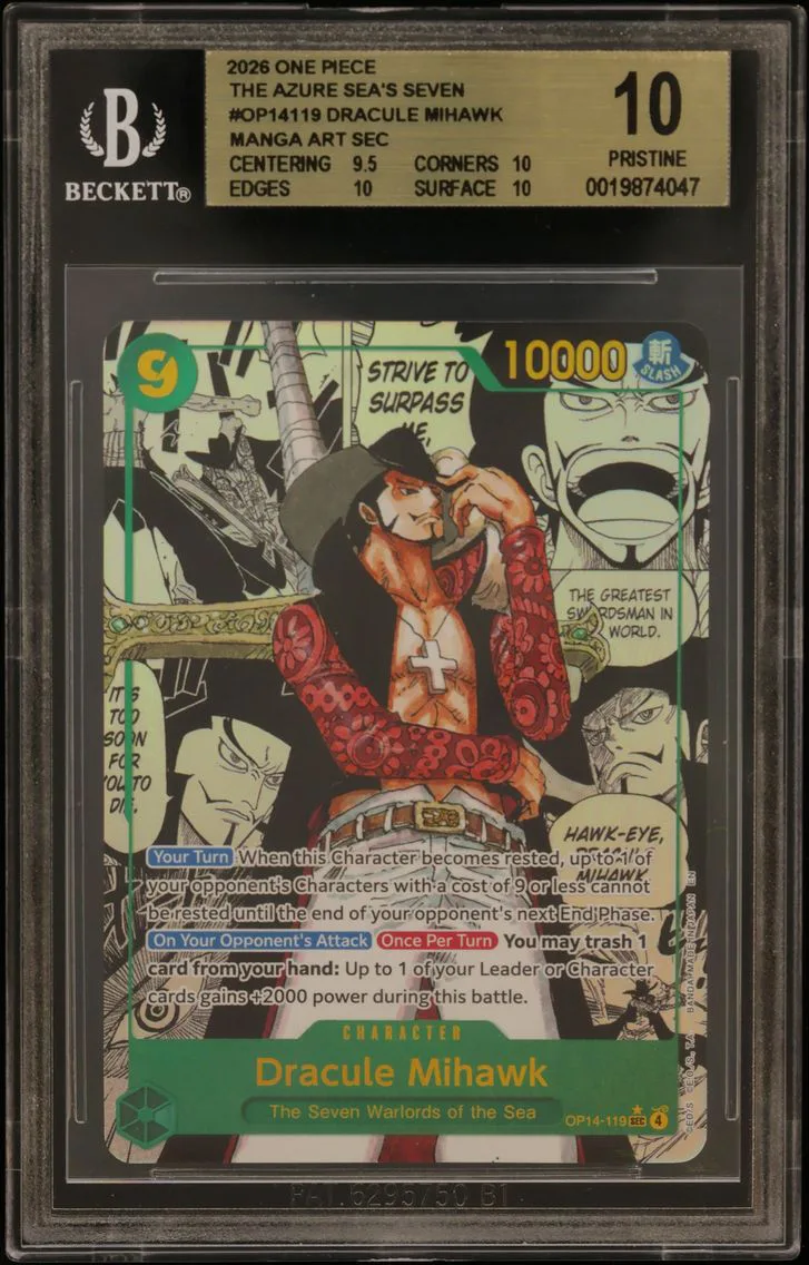 2026 #OP14119 Dracule Mihawk MANGA ART SEC BGS 10 One Piece Card Game The Azure Sea's Seven