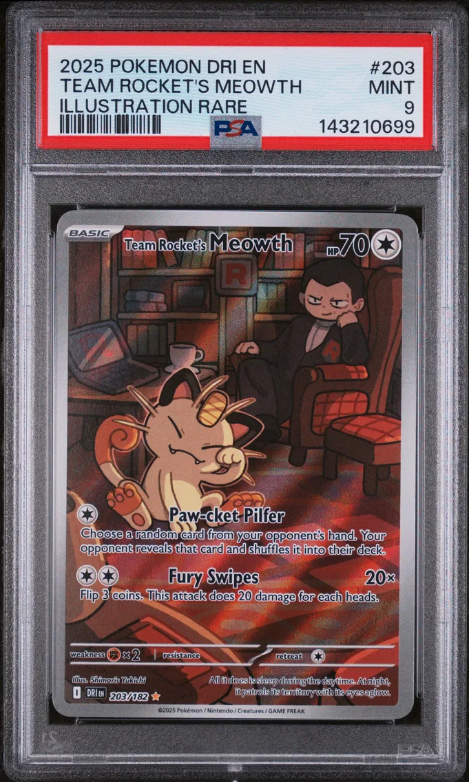 2025 #203 Team Rocket's Meowth PSA 9 Dri EN-Destined Rivals
