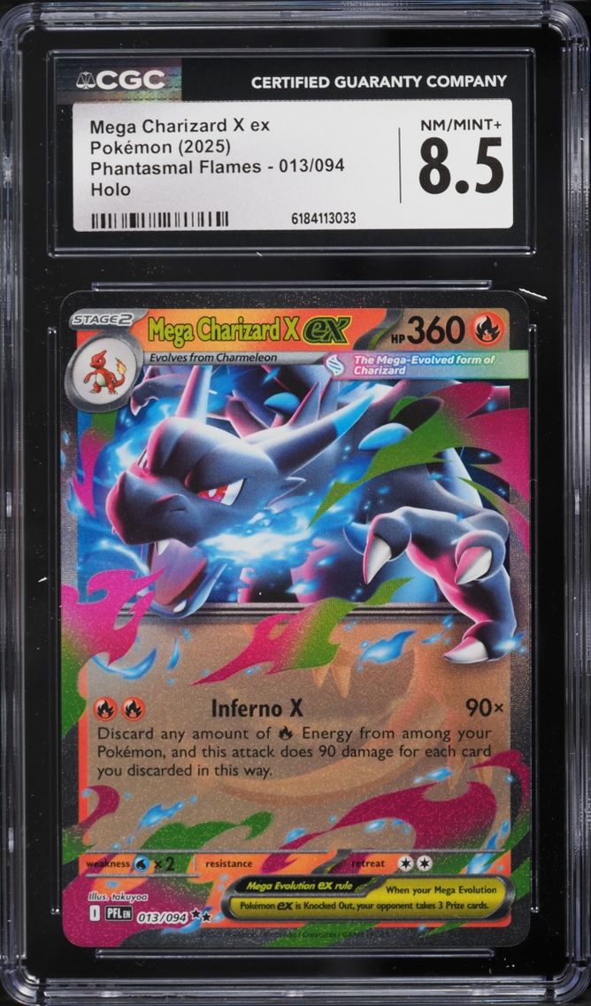2025 #13 Mega Charizard X Ex CGC 8.5 Pokemon Mega Evolution Phantasmal Flames Holo