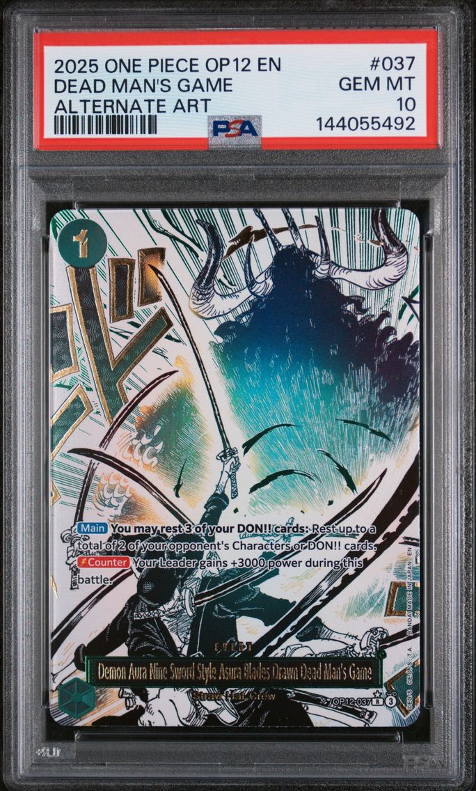 2025 #037 Demon Aura Nine-Sword Style Asura Blades Drawn Dead Man's Game PSA 10 One Piece OP12-Legacy of the Master
