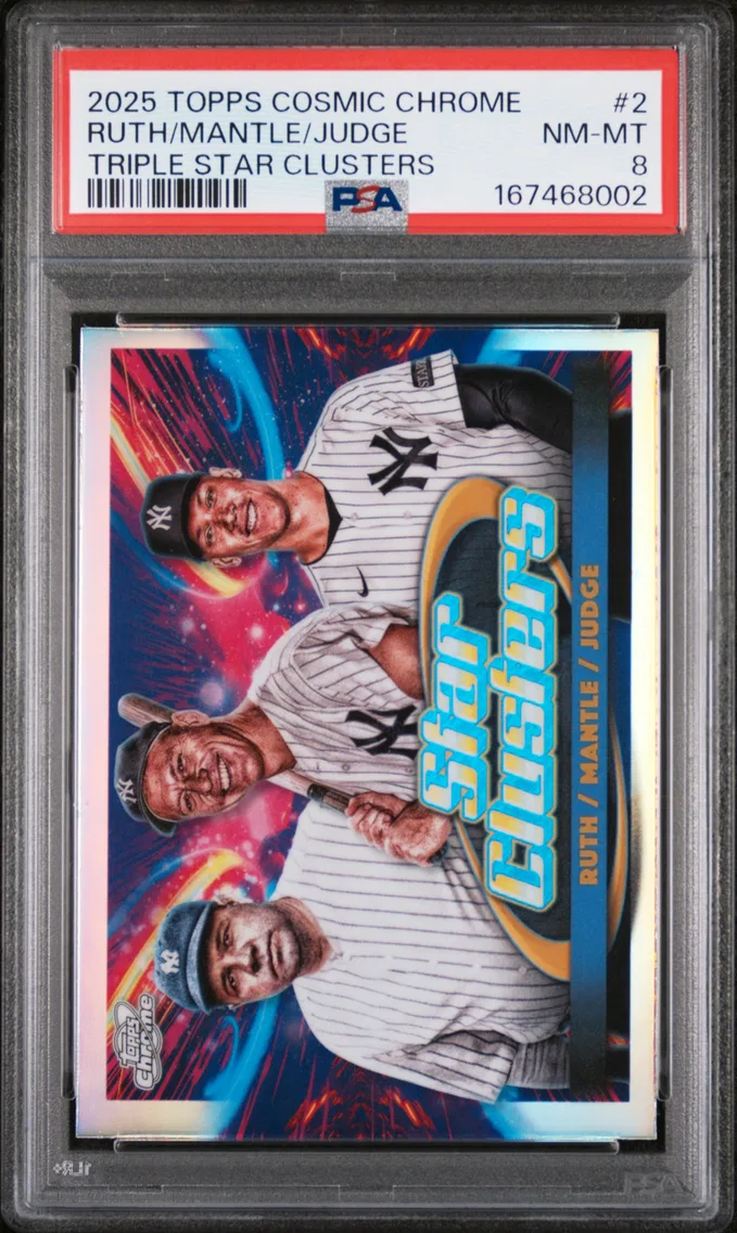 2025 #2 Aaron Judge/Babe Ruth/Mickey Mantle PSA 8 Topps Cosmic Chrome Triple Star Clusters