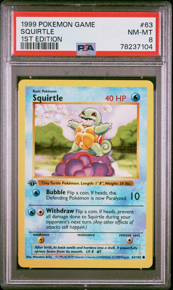 1999 #63 Squirtle 1st Edition PSA 8 Game