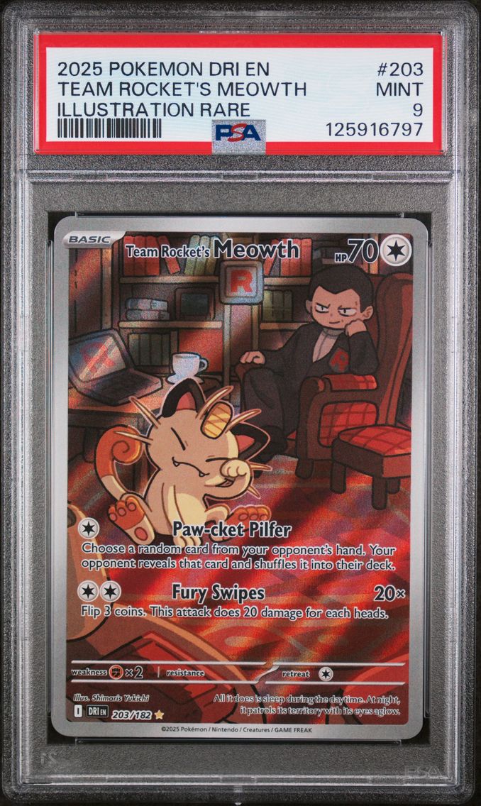 2025 #203 Team Rocket's Meowth PSA 9 Dri EN-Destined Rivals Pokemon