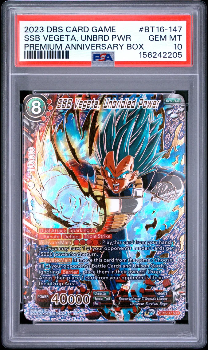 2023 #BT16-147 SSB Vegeta, Unbridled Power PSA 10 Dragon Ball Super Card Game Premium Anniversary Box