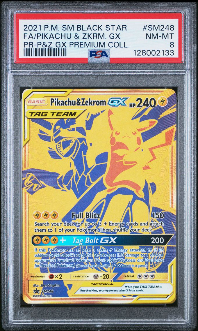 2021 #SM248 Full Art/Pikachu & Zekrom GX PSA 8 SM Black Star Promo Pokemon