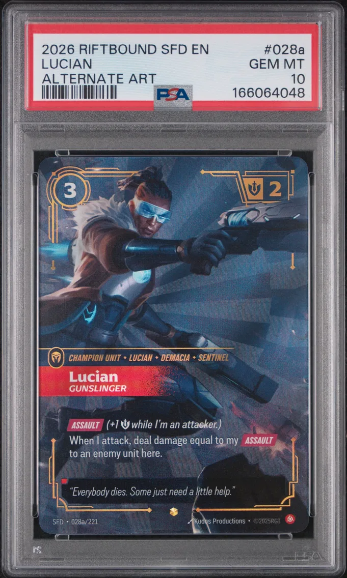 2026 #028a Lucian - Gunslinger PSA 10 Riftbound: League of Legends Sfd-Spiritforged