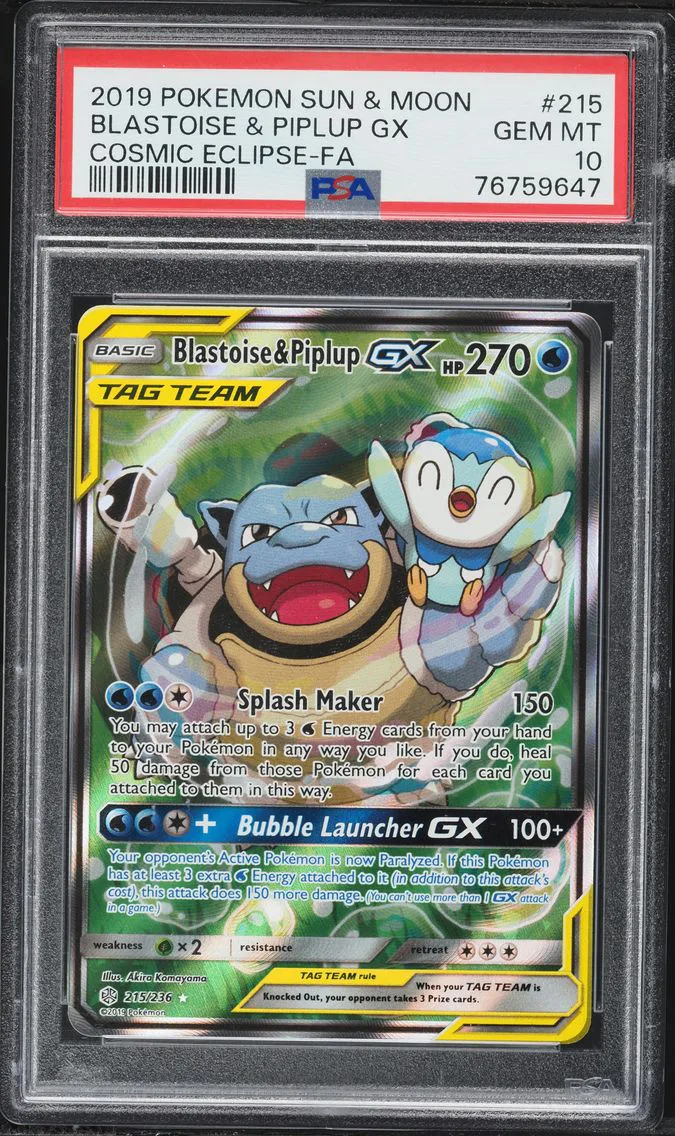 2019 #215 Full Art/Blastoise & Piplup GX PSA 10 Sun & Moon Cosmic Eclipse Pokemon