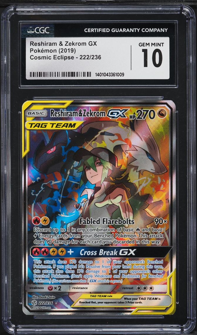 2019 #222 Full Art/Reshiram & Zekrom GX CGC 10 Sun & Moon Cosmic Eclipse Pokemon